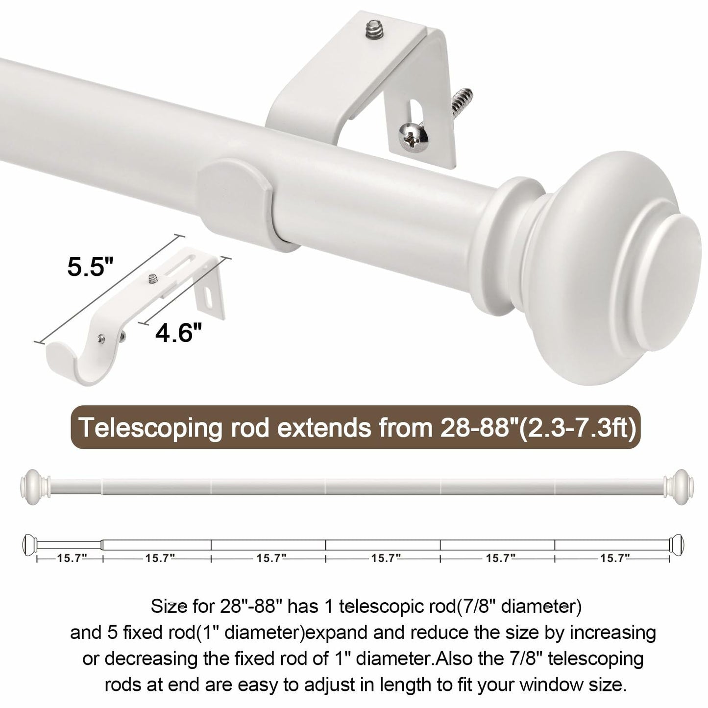 [Like New] SIMEWIN White Adjustable Curtain Rod 48-84in 1in Diameter Single Set