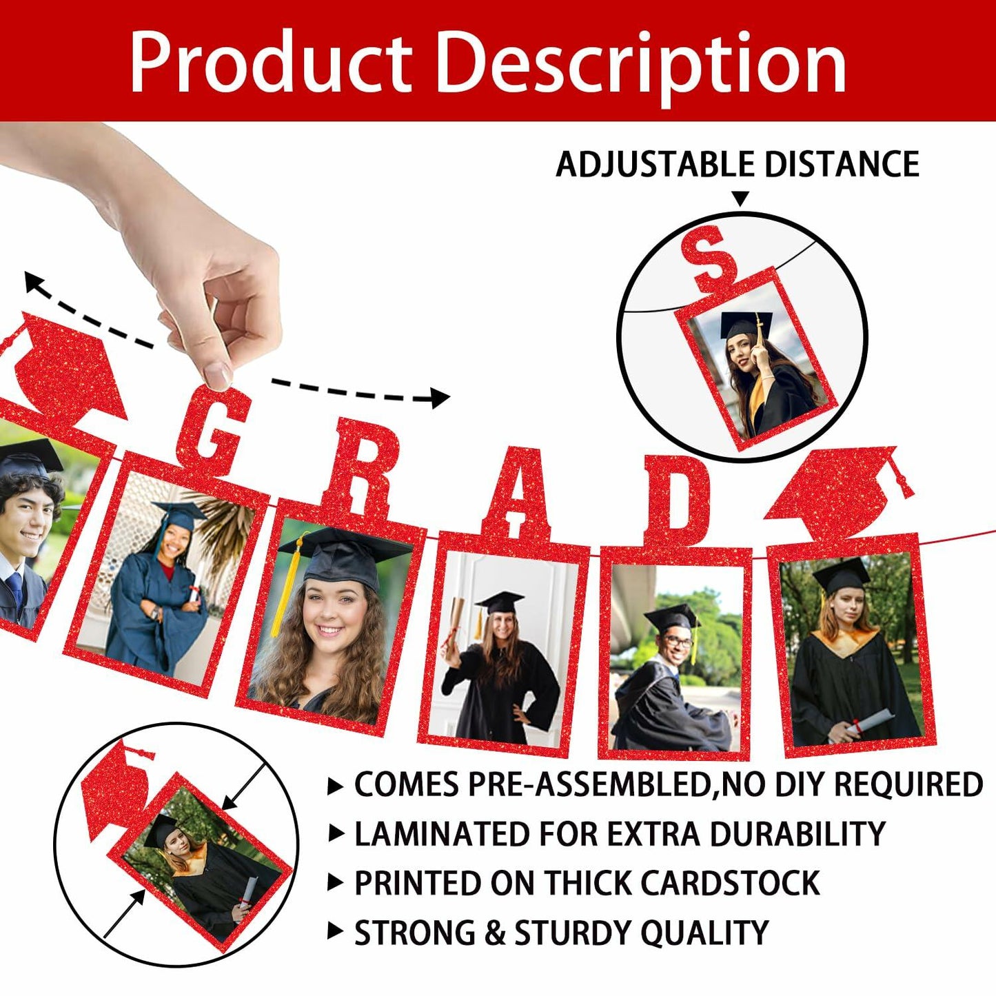 Biswiter Graduation Photo Banner Class of 2025 Red Preassembled Congrats Decor