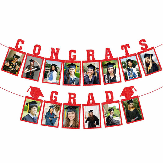 Biswiter Graduation Photo Banner Class of 2025 Red Preassembled Congrats Decor