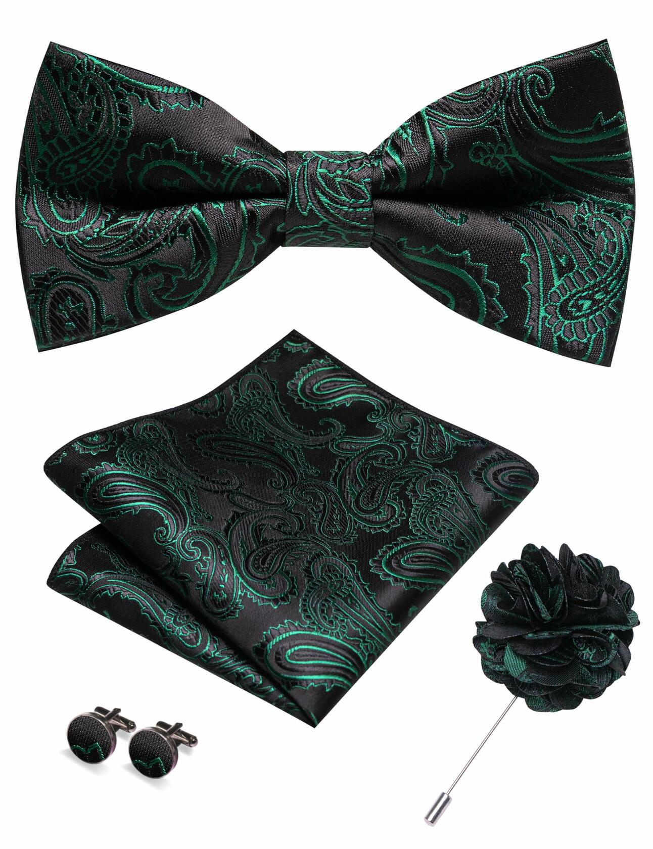 RBOCOTT Men’s Paisley Bow Tie Pocket Square Lapel Pin Cufflinks Set Green
