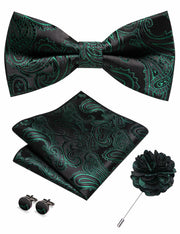RBOCOTT Men’s Paisley Bow Tie Pocket Square Lapel Pin Cufflinks Set Green