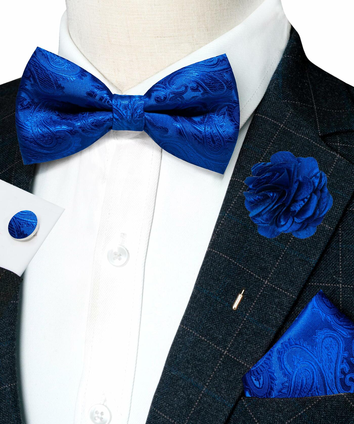 RBOCOTT Royal Blue Paisley Bow Tie Pocket Square Lapel Pin Cufflinks One Size