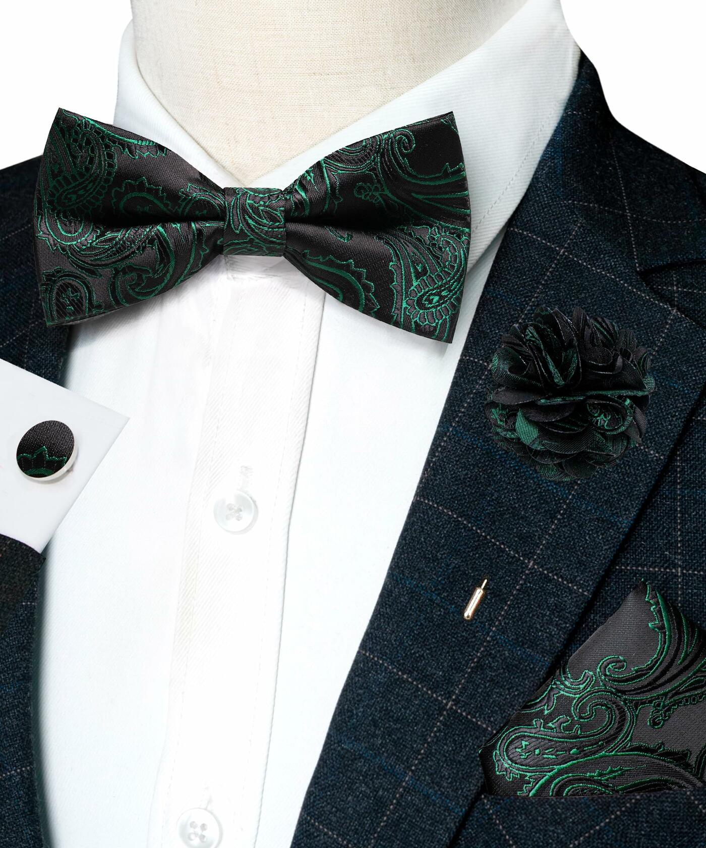 RBOCOTT Men’s Paisley Bow Tie Pocket Square Lapel Pin Cufflinks Set Green