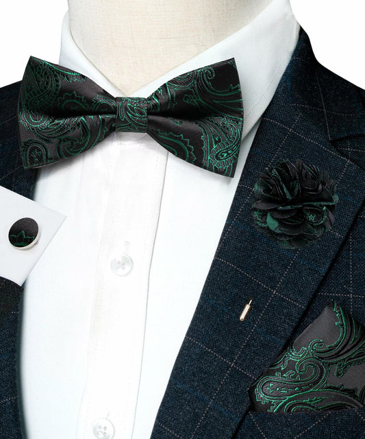 RBOCOTT Men’s Paisley Bow Tie Pocket Square Lapel Pin Cufflinks Set Green