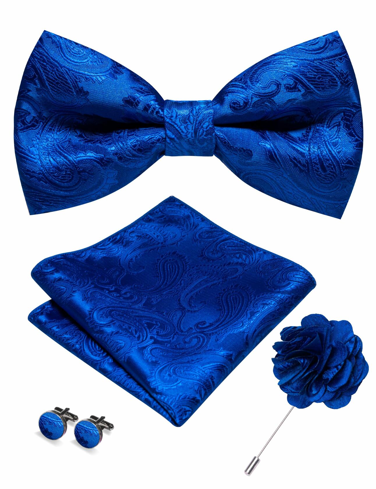 RBOCOTT Royal Blue Paisley Bow Tie Pocket Square Lapel Pin Cufflinks One Size