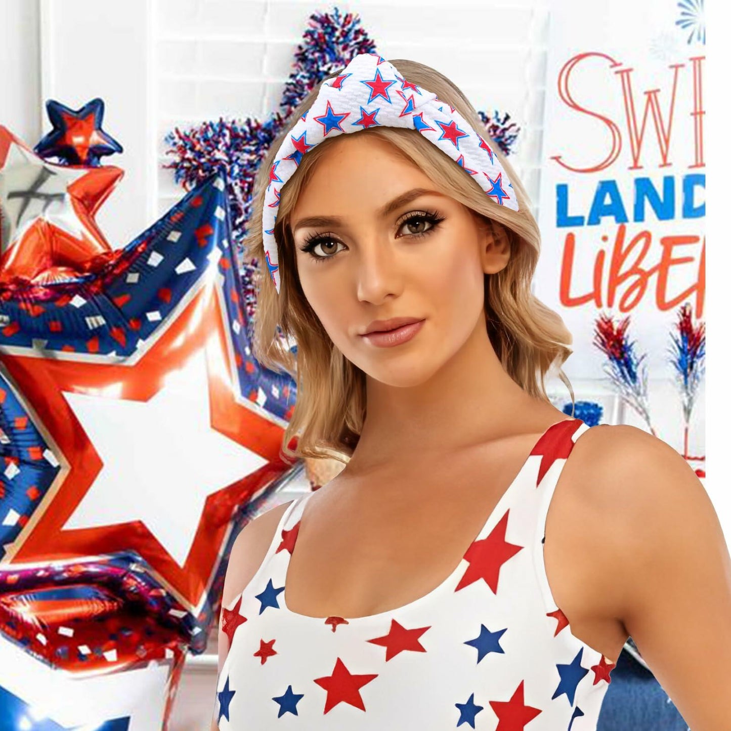 YanJie 4th of July Blue Stars Knotted Wide Headband Women Girls