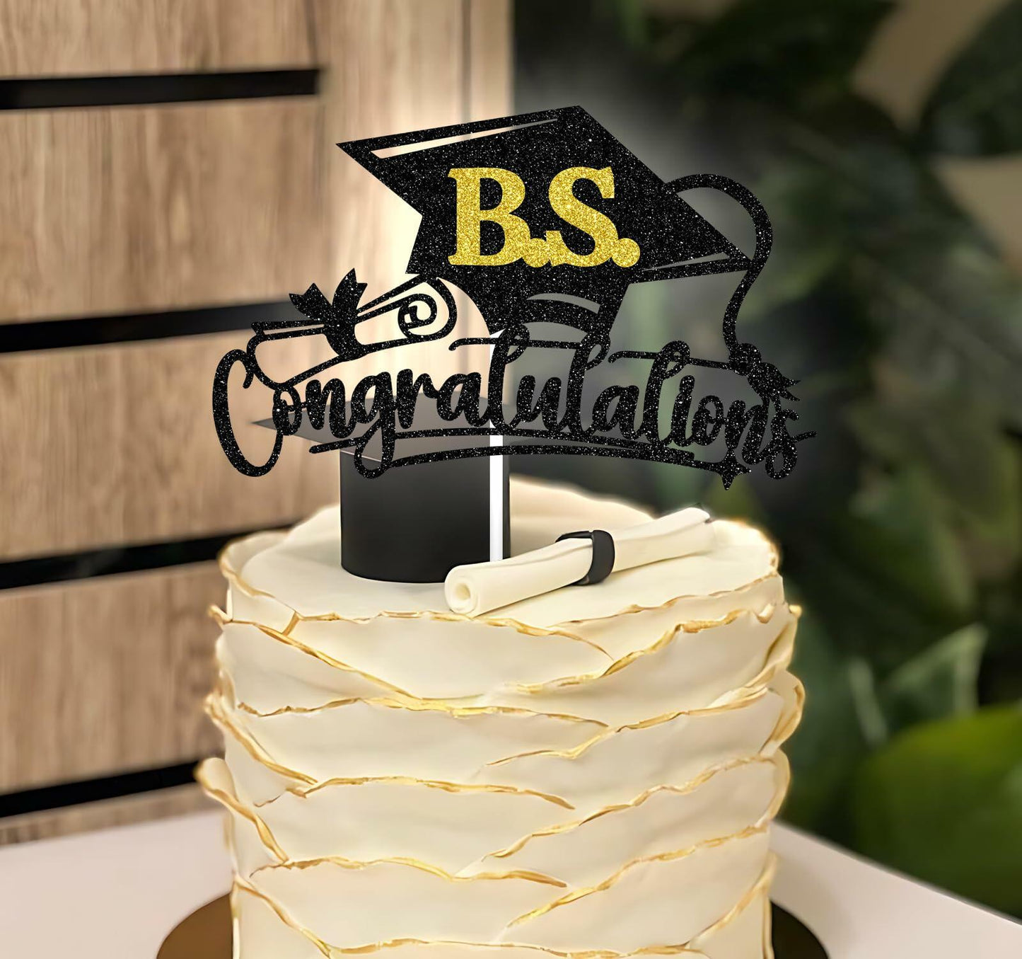 RLXPT Congrats Grad Cake Topper 2025 Black Gold Glitter B.S. Graduation