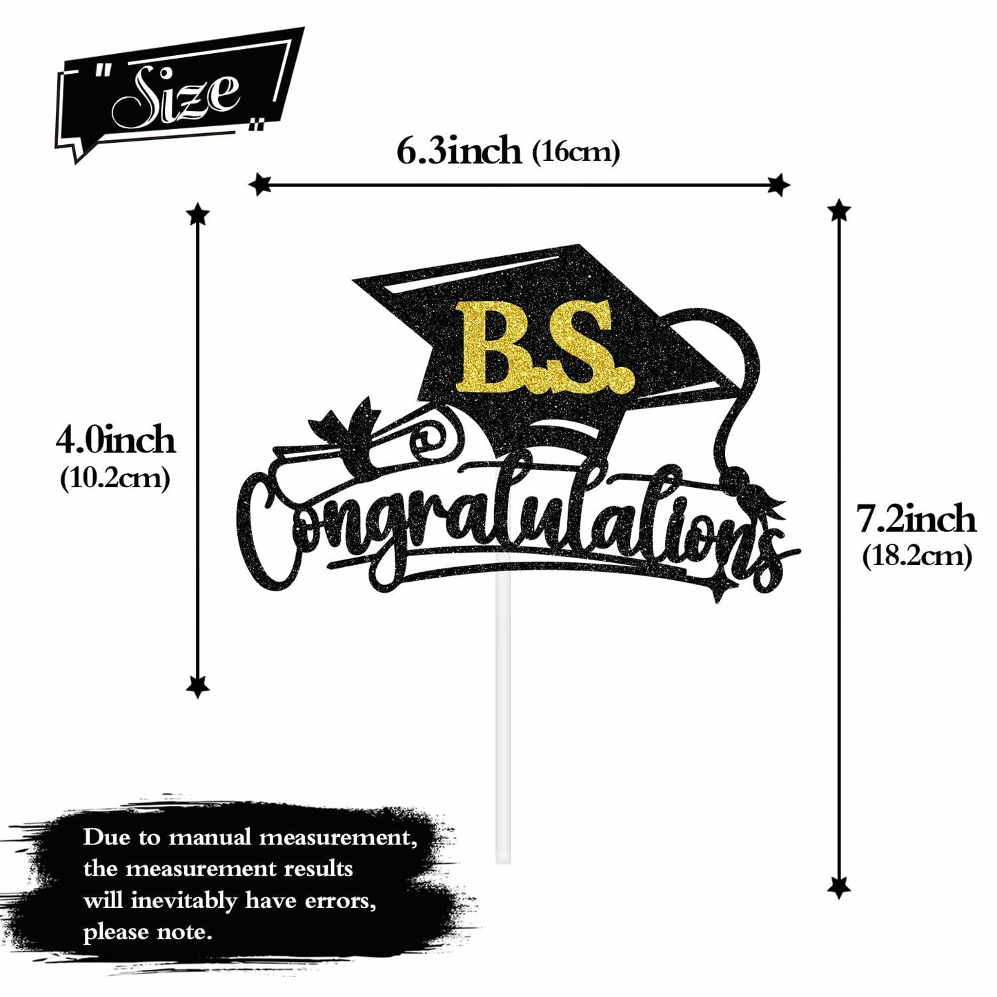 RLXPT Congrats Grad Cake Topper 2025 Black Gold Glitter B.S. Graduation