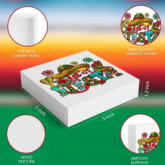 MIOOKISS Cinco De Mayo Mexican Fiesta Rustic Wooden Box Sign 5x5 Let's Fiesta