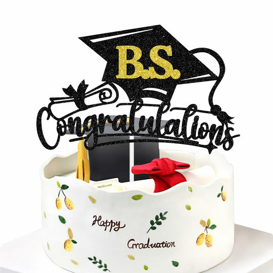 RLXPT Congrats Grad Cake Topper 2025 Black Gold Glitter B.S. Graduation