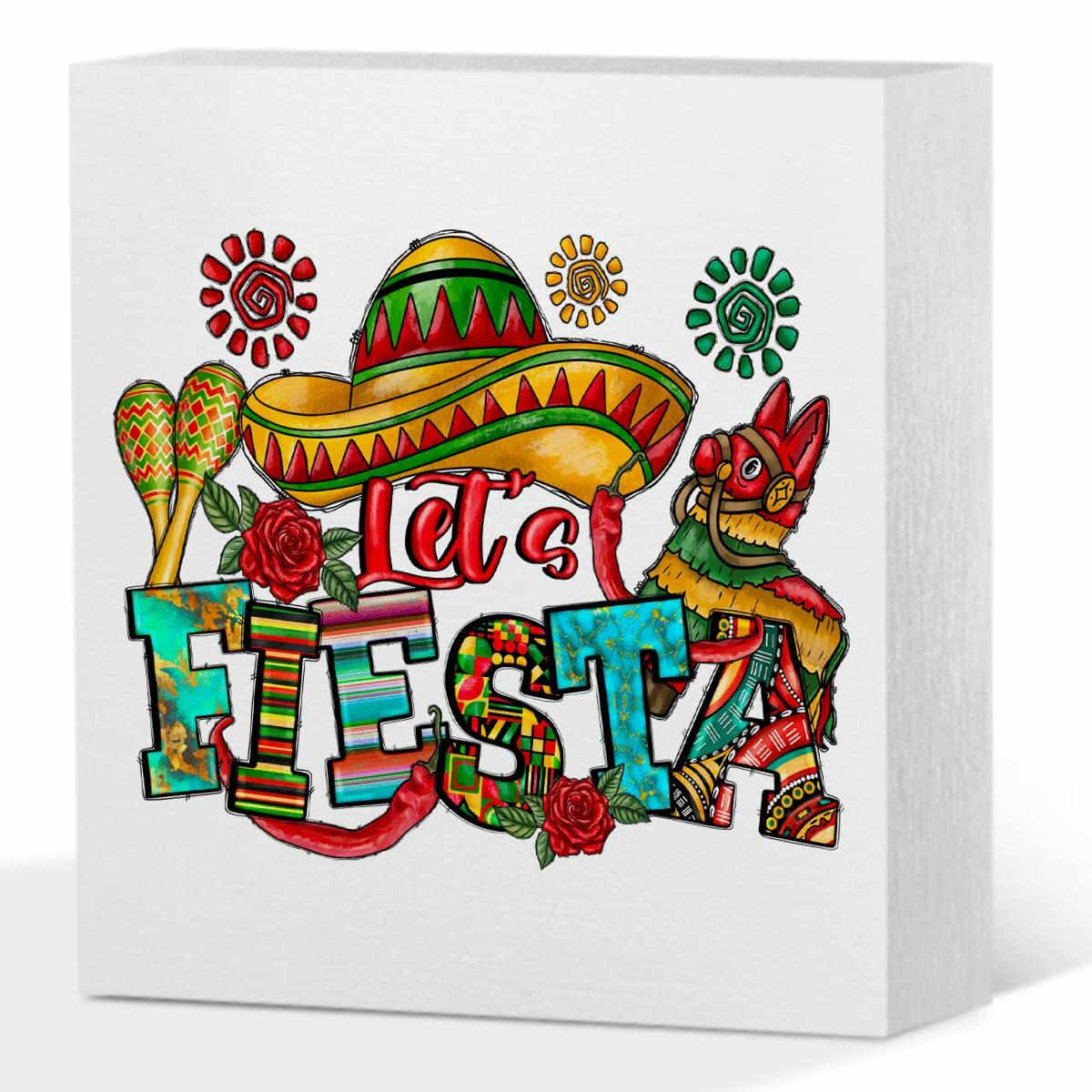 MIOOKISS Cinco De Mayo Mexican Fiesta Rustic Wooden Box Sign 5x5 Let's Fiesta