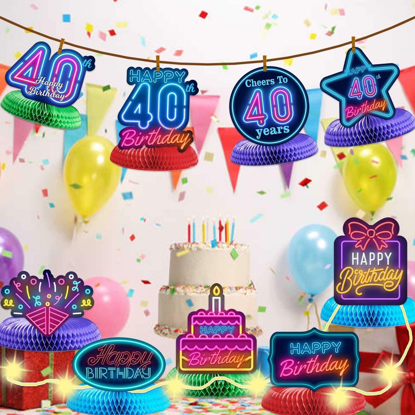 COOSOAR Happy 40th Birthday Neon Glow Honeycomb Centerpieces with Lights