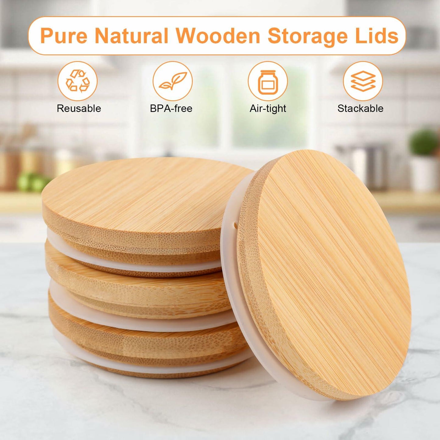 SZGSBB Wide Mouth Mason Jar Lids Bamboo Wooden Reusable Storage 4-Pack Beige