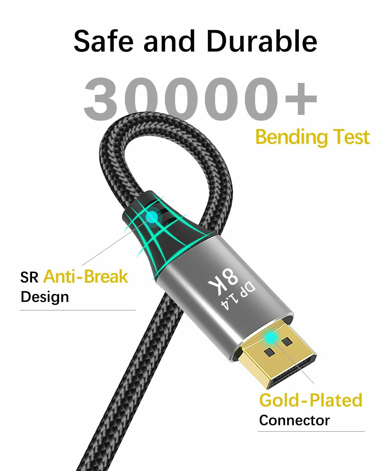 Eaeon 6.6ft DisplayPort 1.4 Cable 8K60Hz 4K144Hz Braided Gray