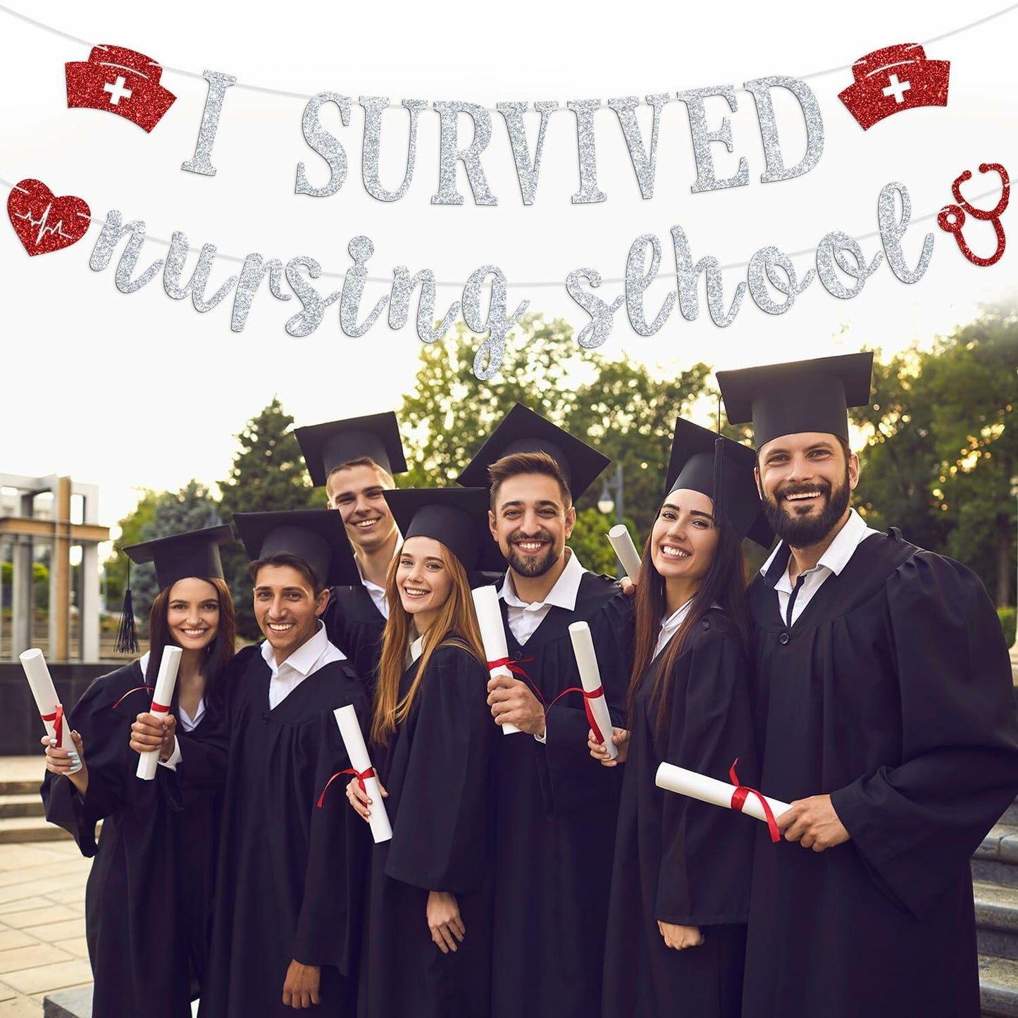 RLXPT I Survived Nursing School Banner Silver Red Congrats Nurse RN Grad 2025