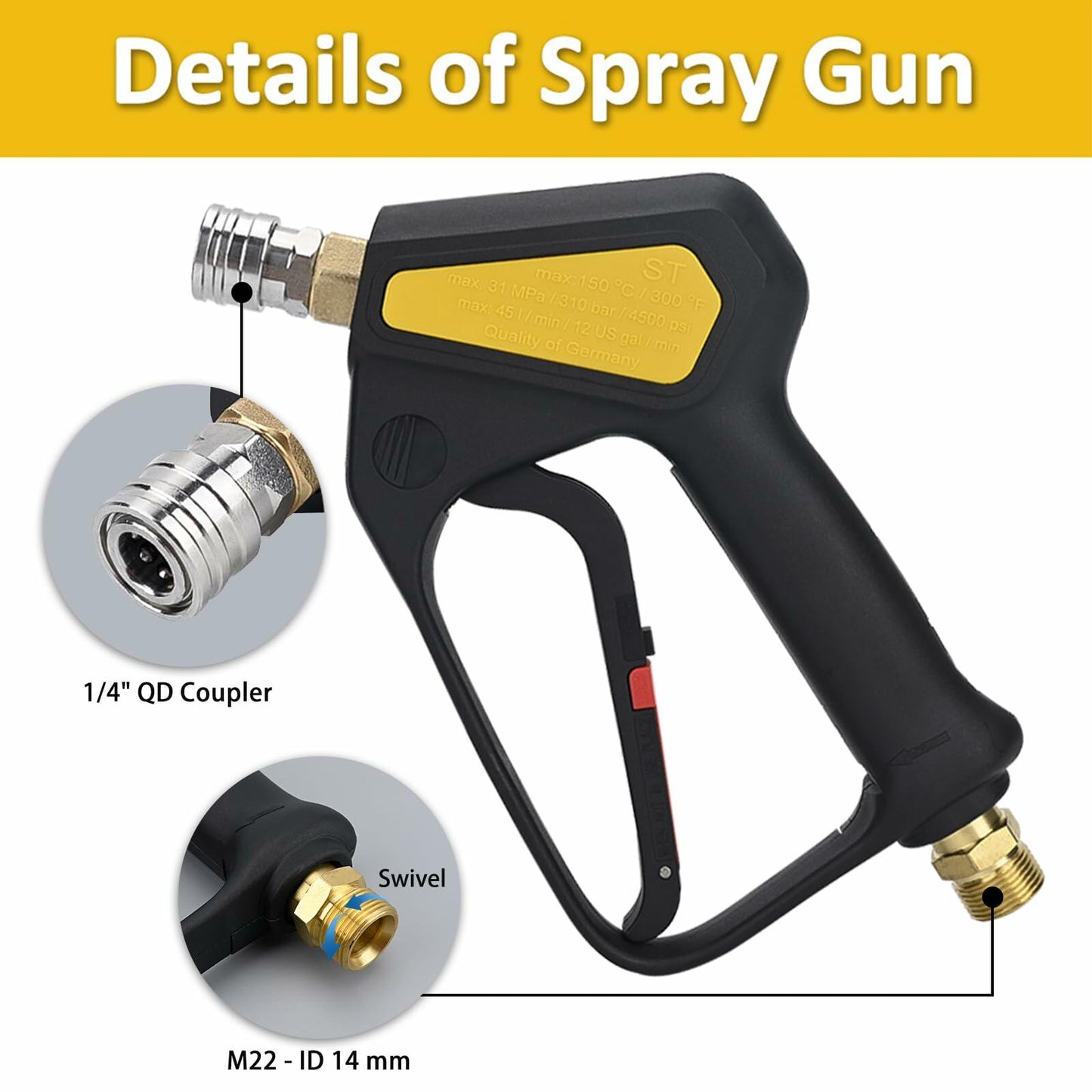 Short Pressure Washer Gun 4000PSI M22-14mm Inlet 1/4" Quick Connect Foam Cannon