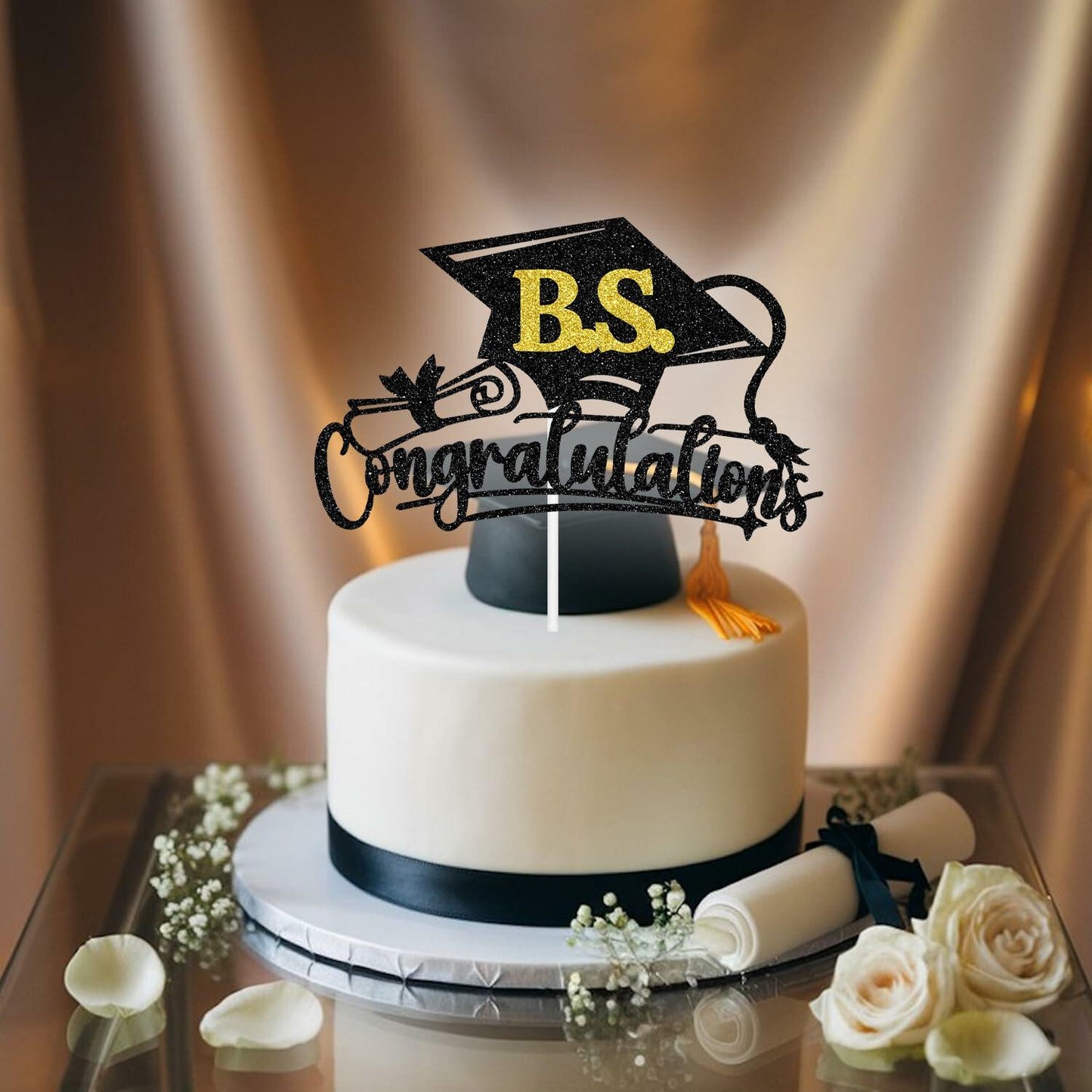 RLXPT Congrats Grad Cake Topper 2025 Black Gold Glitter B.S. Graduation