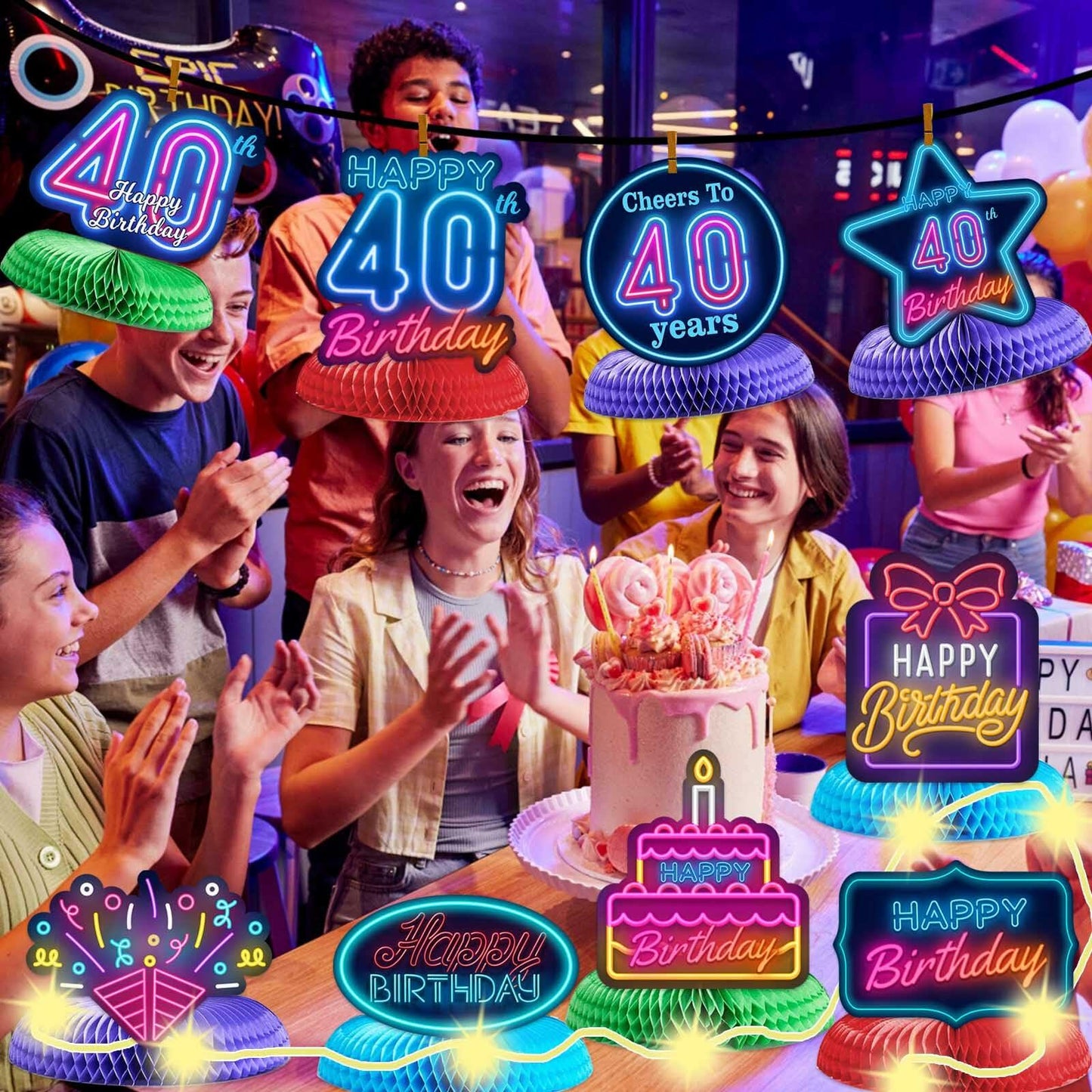 COOSOAR Happy 40th Birthday Neon Glow Honeycomb Centerpieces with Lights