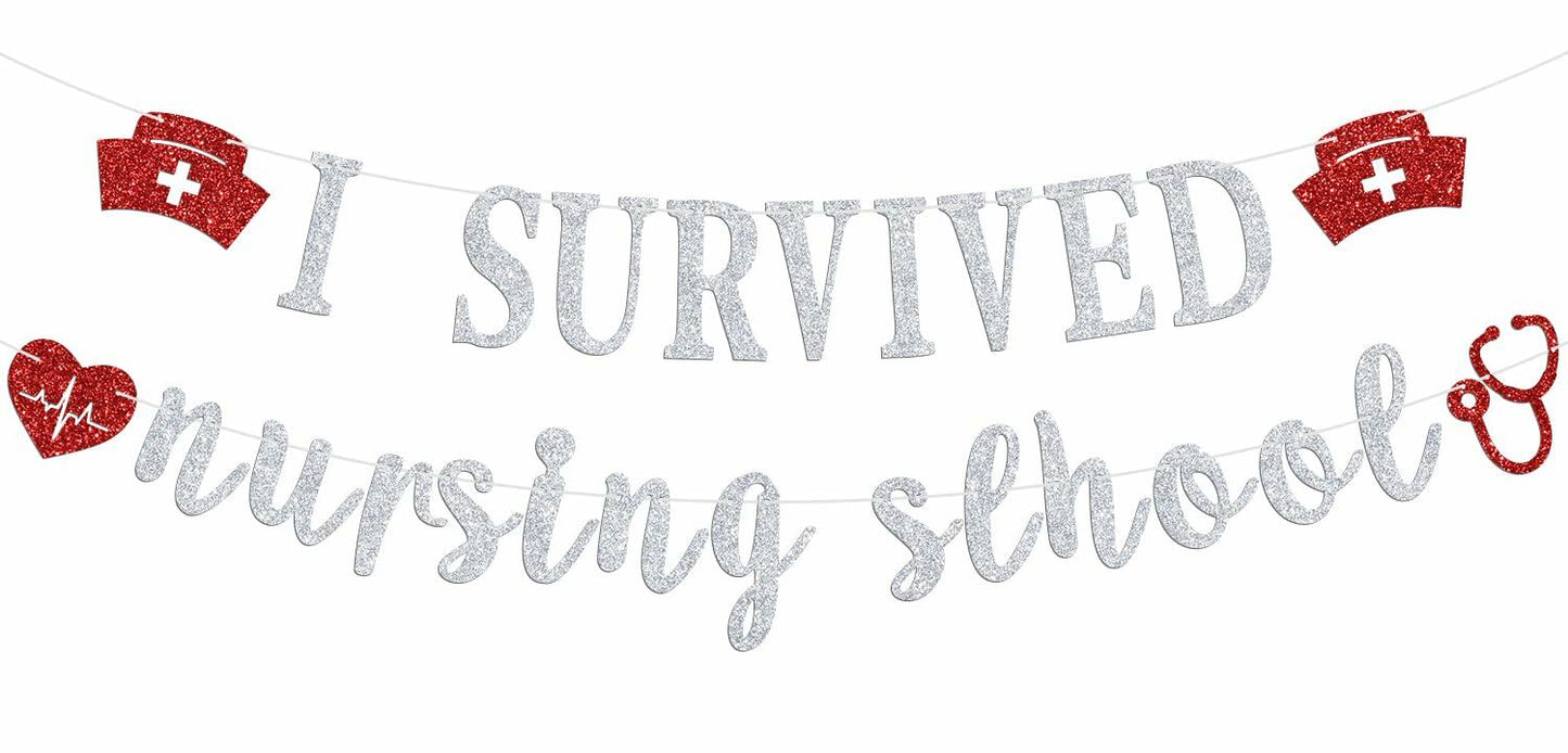 RLXPT I Survived Nursing School Banner Silver Red Congrats Nurse RN Grad 2025