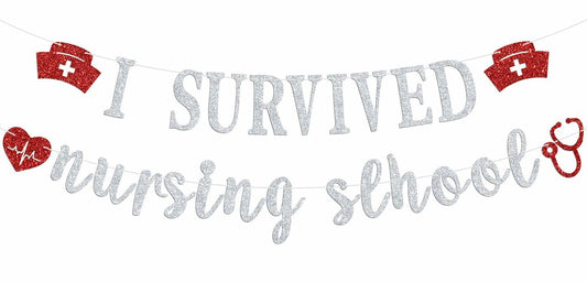 RLXPT I Survived Nursing School Banner Silver Red Congrats Nurse RN Grad 2025