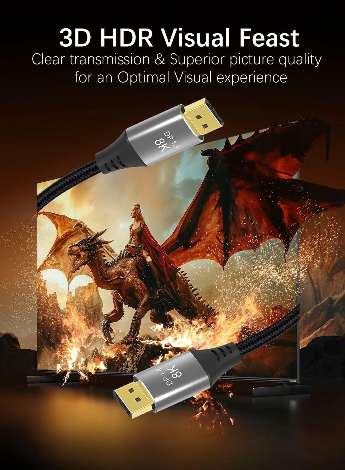 Eaeon 6.6ft DisplayPort 1.4 Cable 8K60Hz 4K144Hz Braided Gray