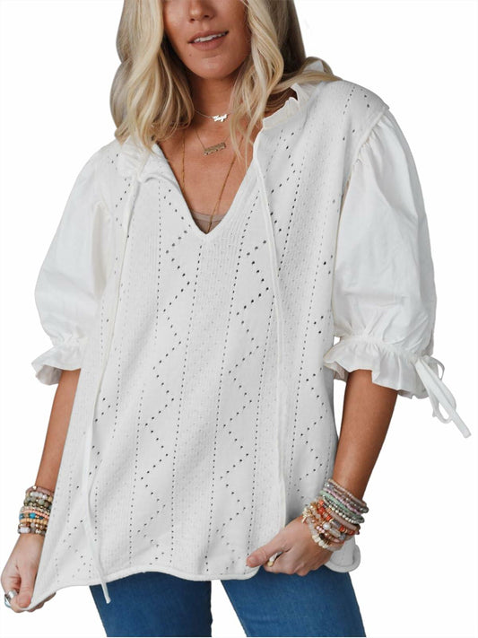 KINLONSAIR Women’s Puff Sleeve V-Neck Knit Top Lightweight White Shirt