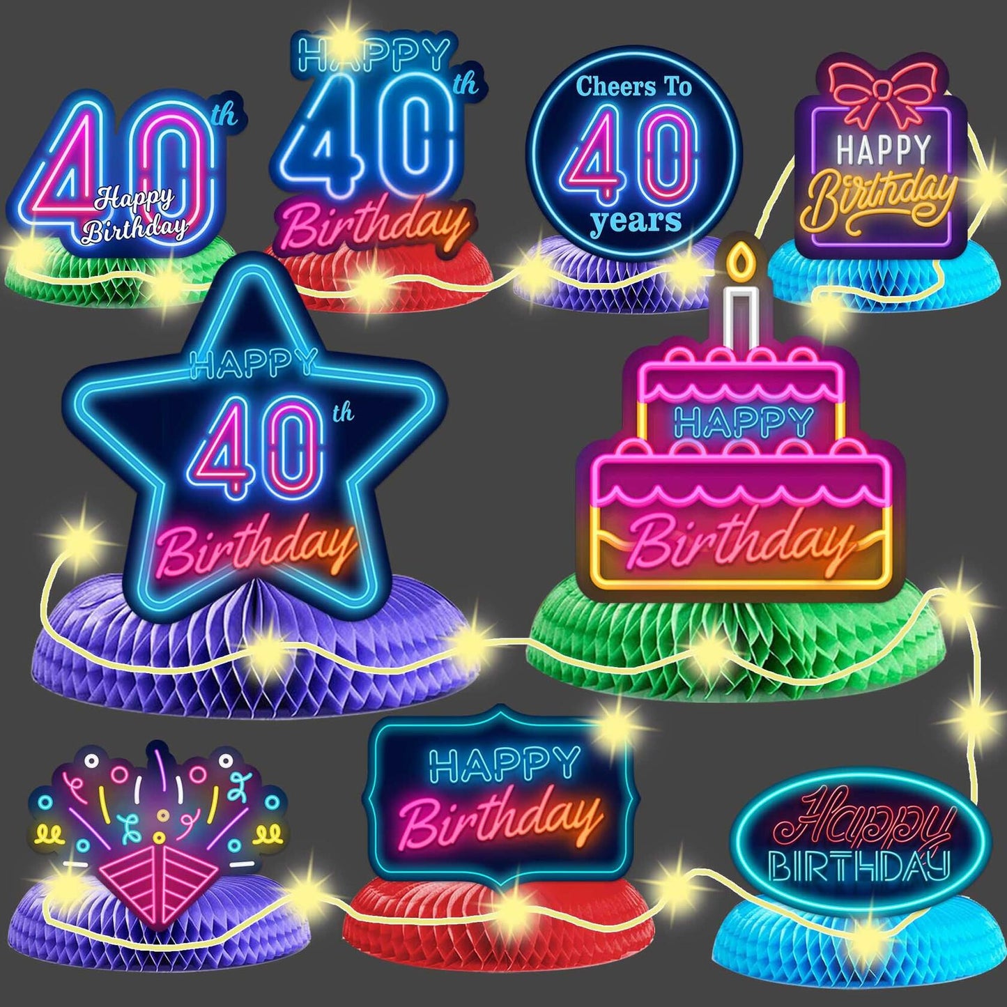 COOSOAR Happy 40th Birthday Neon Glow Honeycomb Centerpieces with Lights