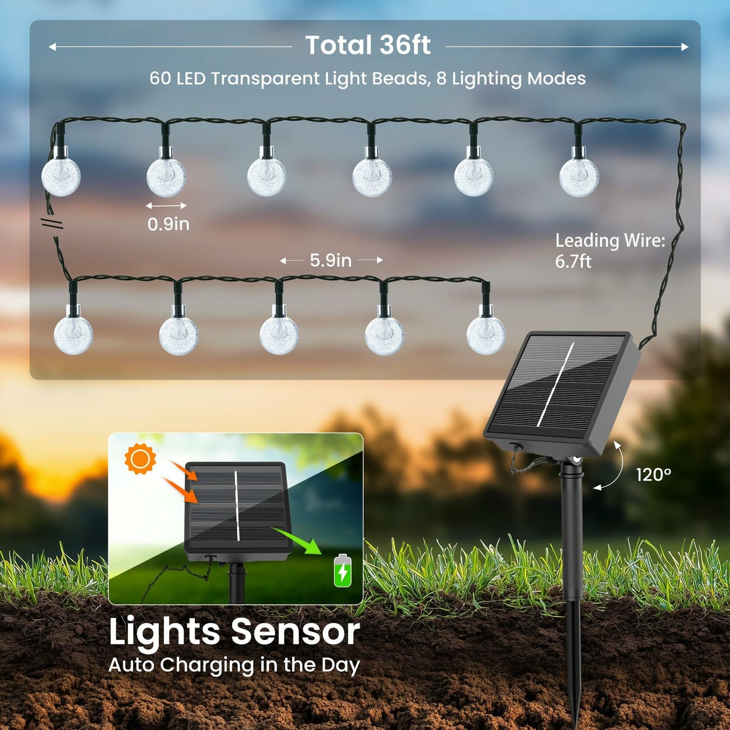 DomiHue Solar Lights Outdoor Waterproof 60LED 36ft String Lights Multicolor