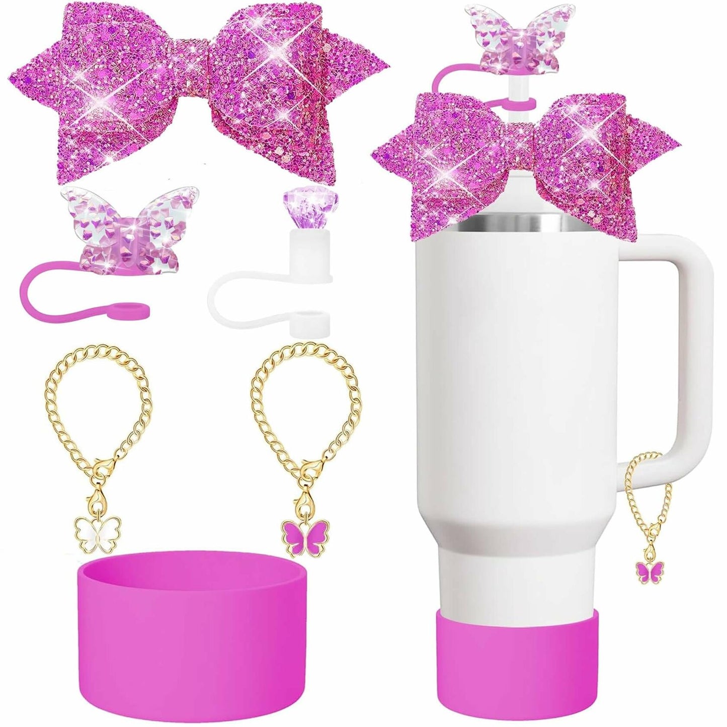 RNFVJH 6 Pcs Pink Butterfly Bow Ties Diamond & Butterfly Straw Toppers