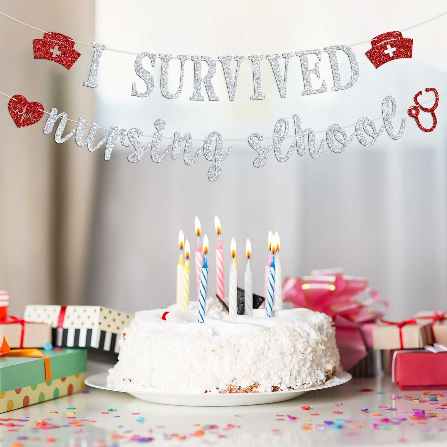 RLXPT I Survived Nursing School Banner Silver Red Congrats Nurse RN Grad 2025