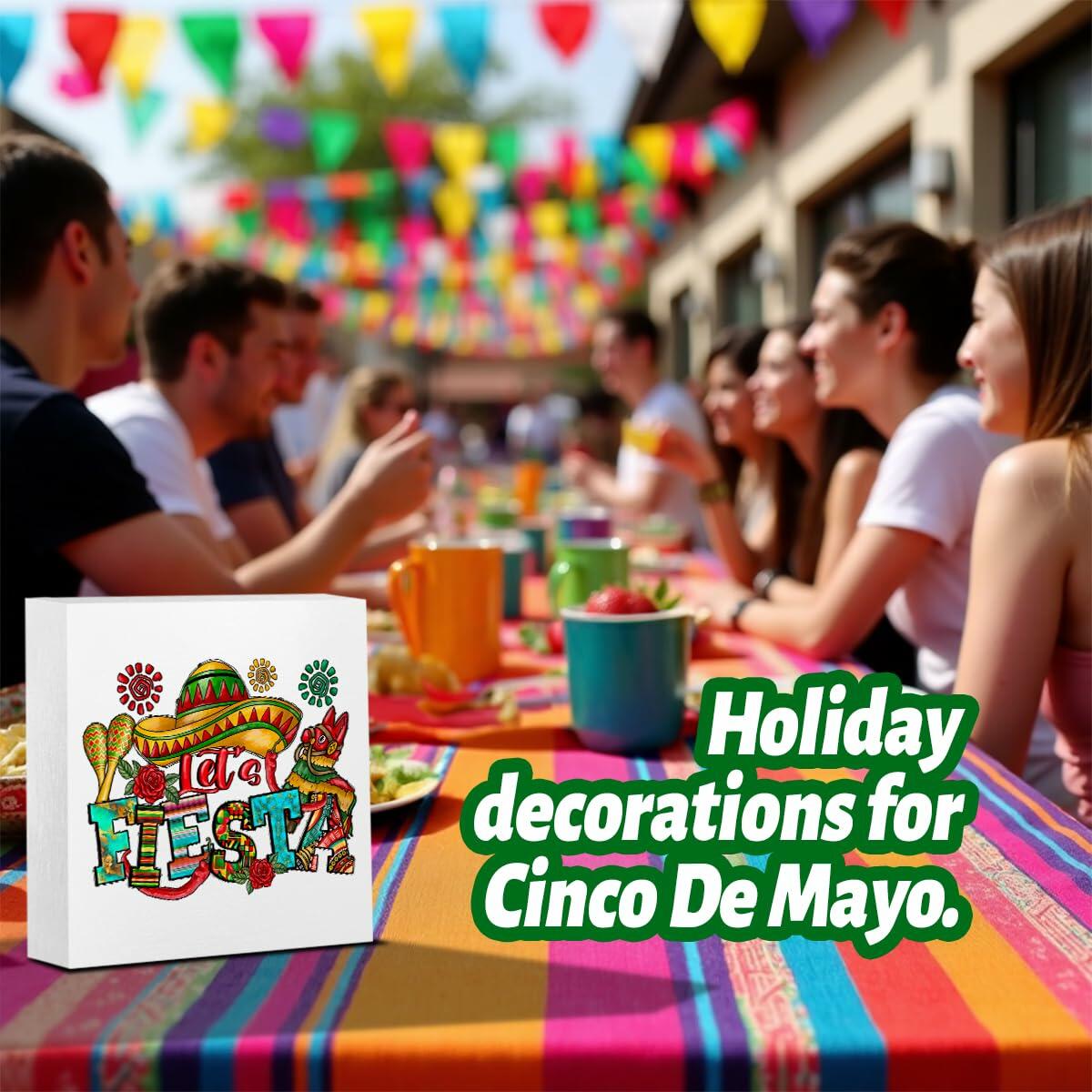 MIOOKISS Cinco De Mayo Mexican Fiesta Rustic Wooden Box Sign 5x5 Let's Fiesta