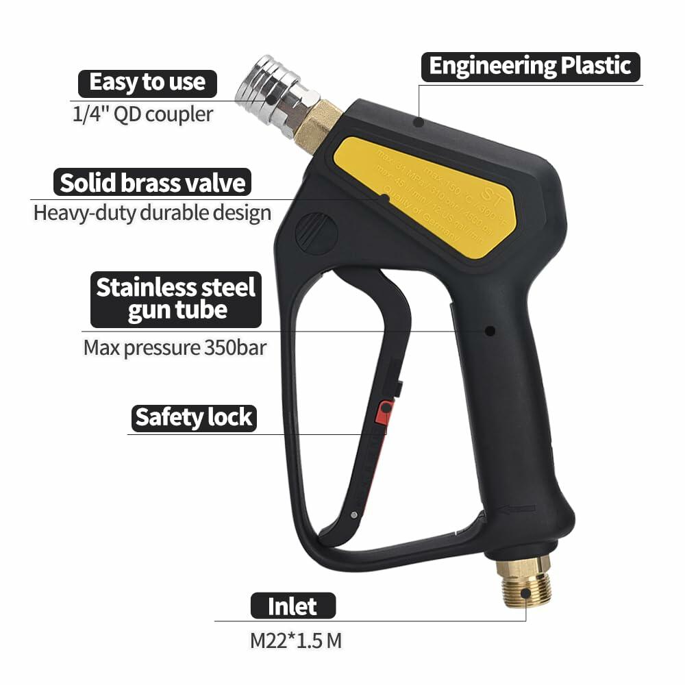 Short Pressure Washer Gun 4000PSI M22-14mm Inlet 1/4" Quick Connect Foam Cannon