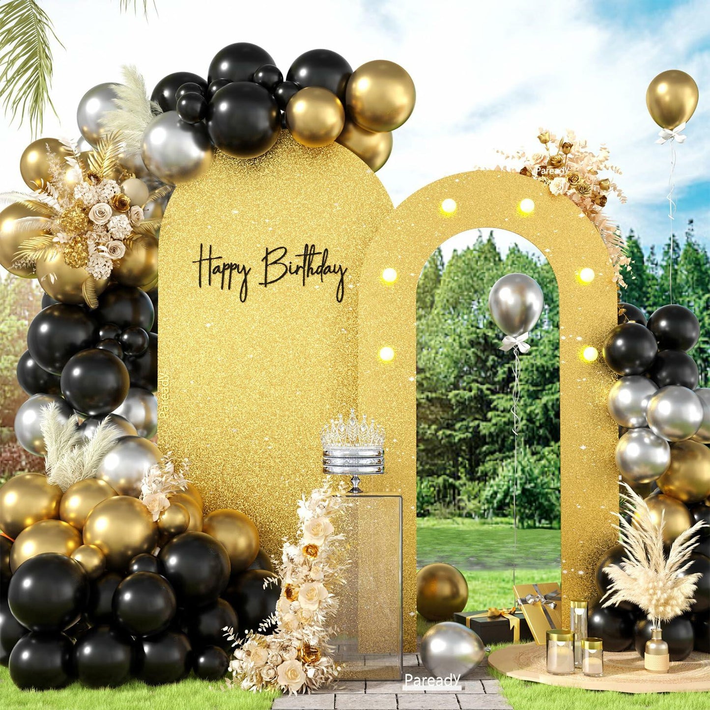 Paready Outdoor Gold Arch Backdrop Stands Pack of 2 Shiny Tropical Frame