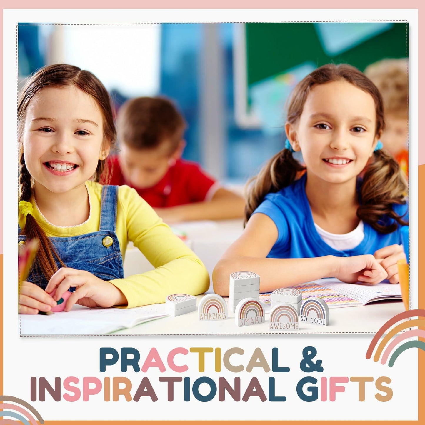 Feifeiya 80 Sets Rainbow Inspirational Erasers with Motivational Cards Colorful