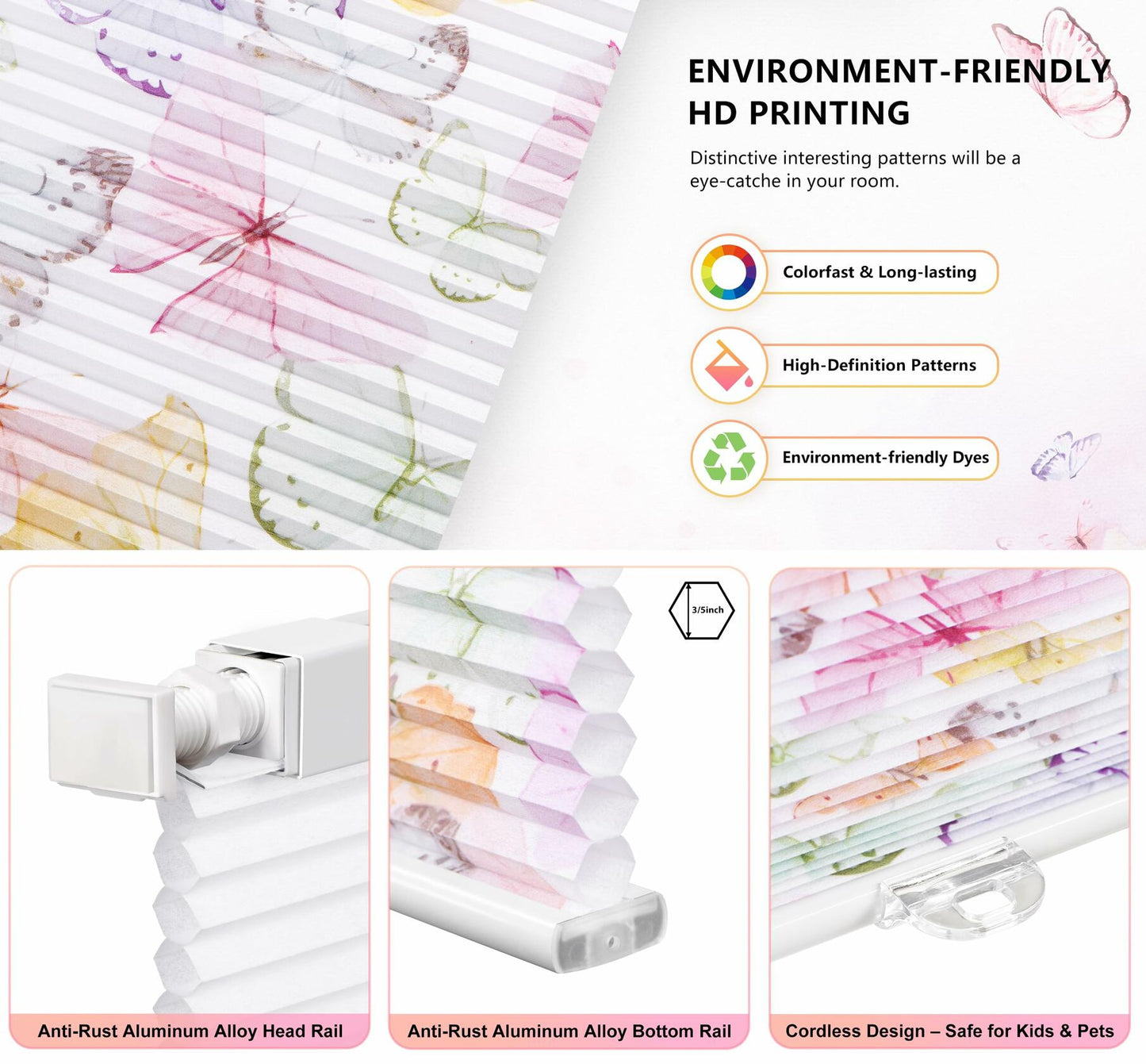 LazBlinds Cordless Cellular Shades Honeycomb 40x64 Colorful Butterflies