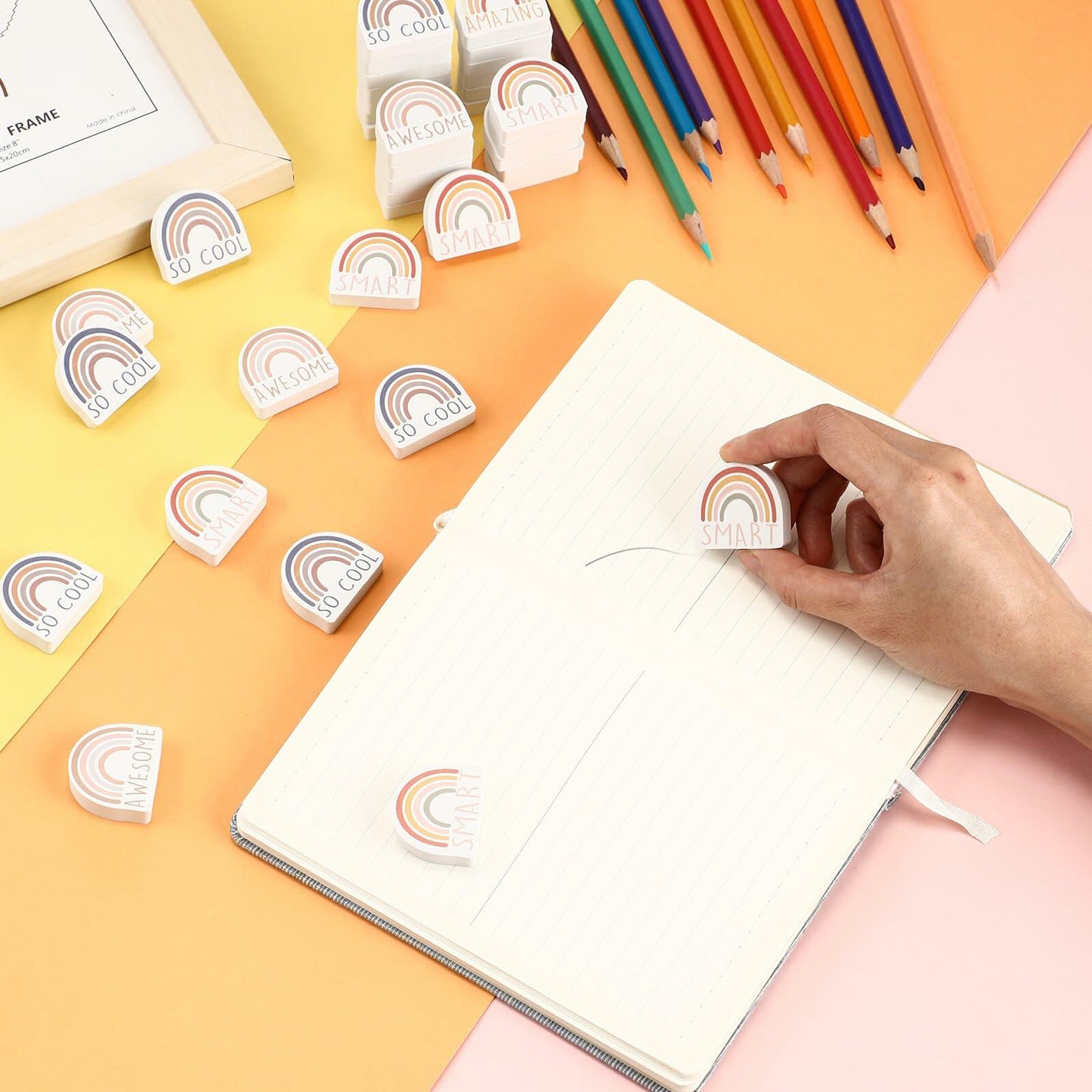 Feifeiya 80 Sets Rainbow Inspirational Erasers with Motivational Cards Colorful