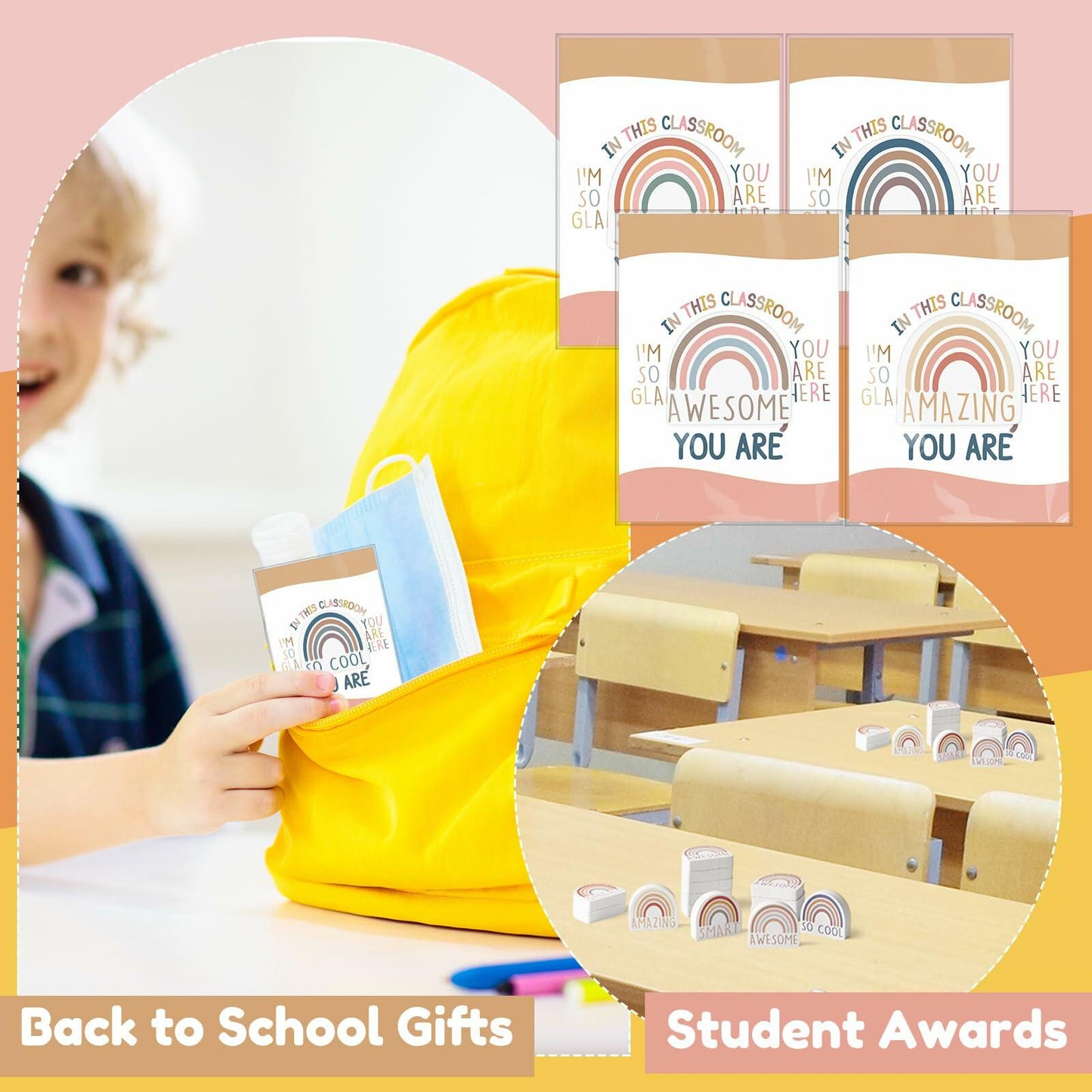 Feifeiya 80 Sets Rainbow Inspirational Erasers with Motivational Cards Colorful