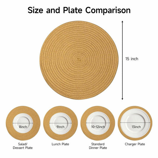 WEAVELYRICS 15" Round Braided Cotton Placemats Brown Set of 4