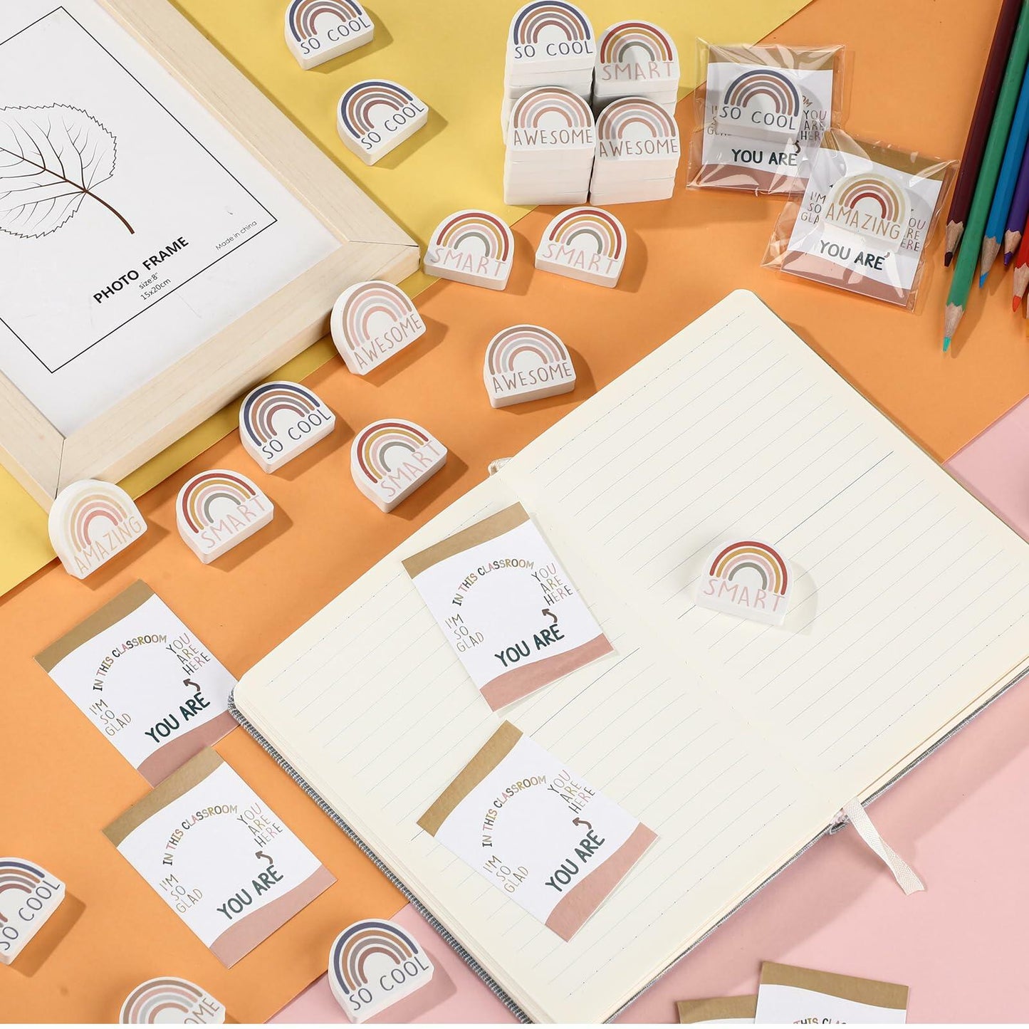 Feifeiya 80 Sets Rainbow Inspirational Erasers with Motivational Cards Colorful