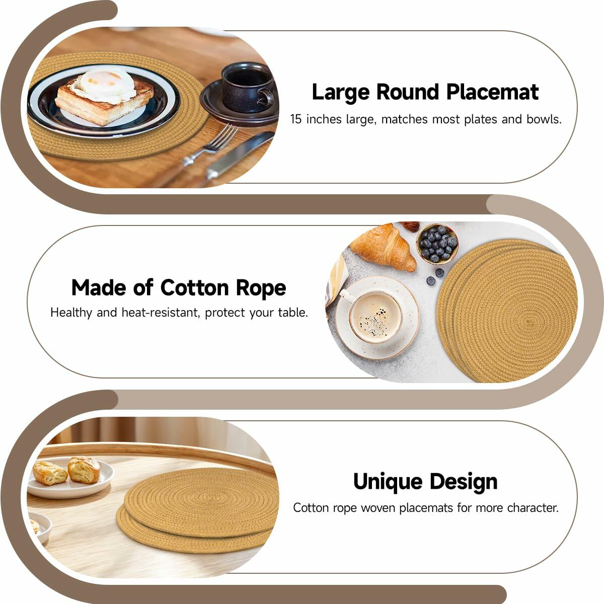 WEAVELYRICS 15" Round Braided Cotton Placemats Brown Set of 4