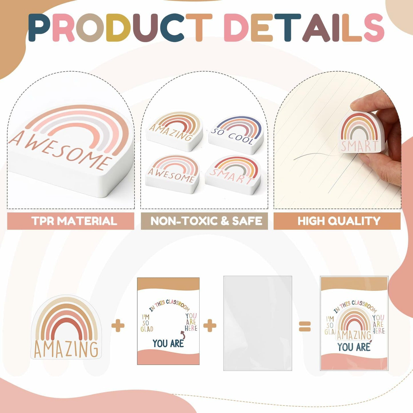 Feifeiya 80 Sets Rainbow Inspirational Erasers with Motivational Cards Colorful