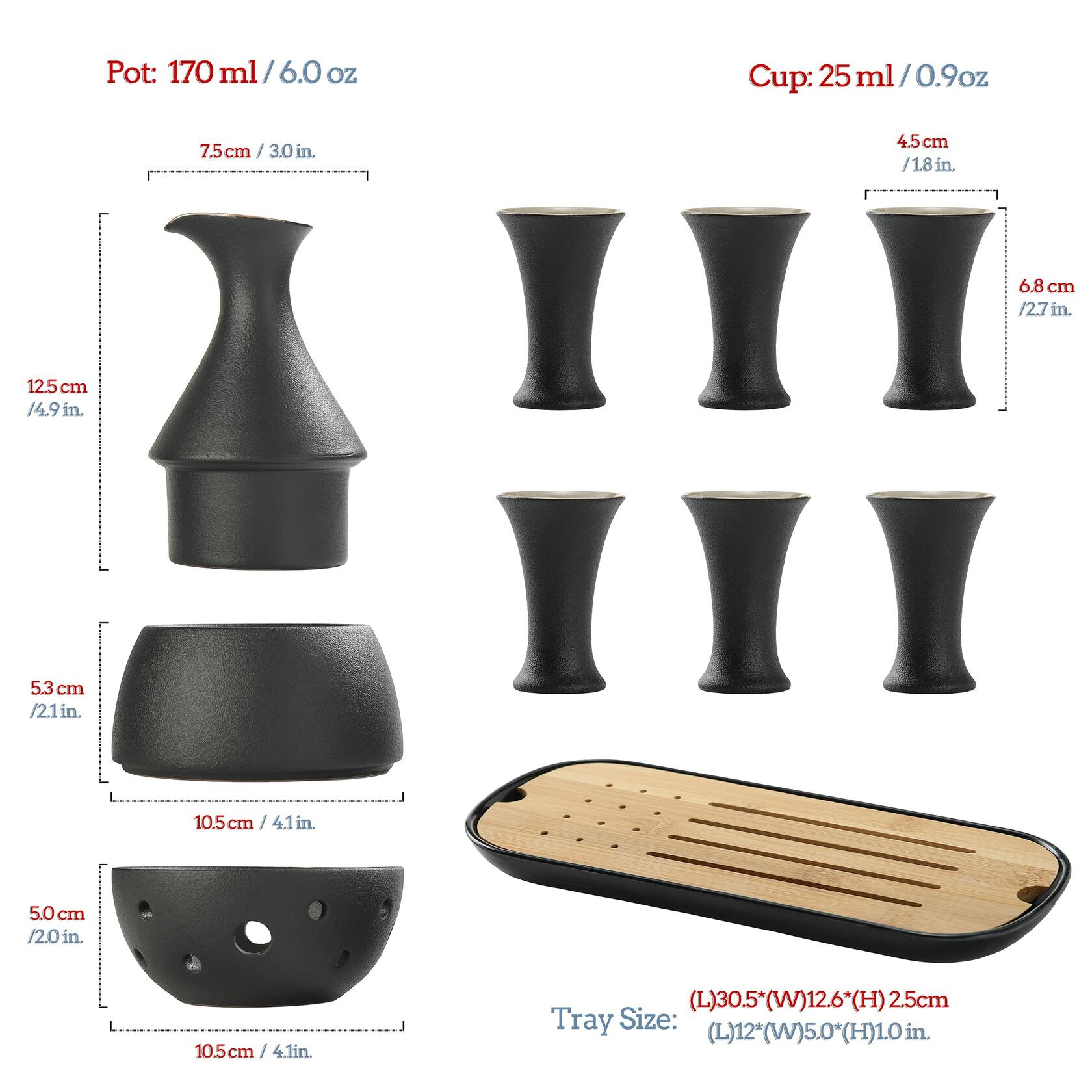 TEANAGOO 11 Pc Sake Set with Warmer Pot 6 Oz Bamboo Tray White
