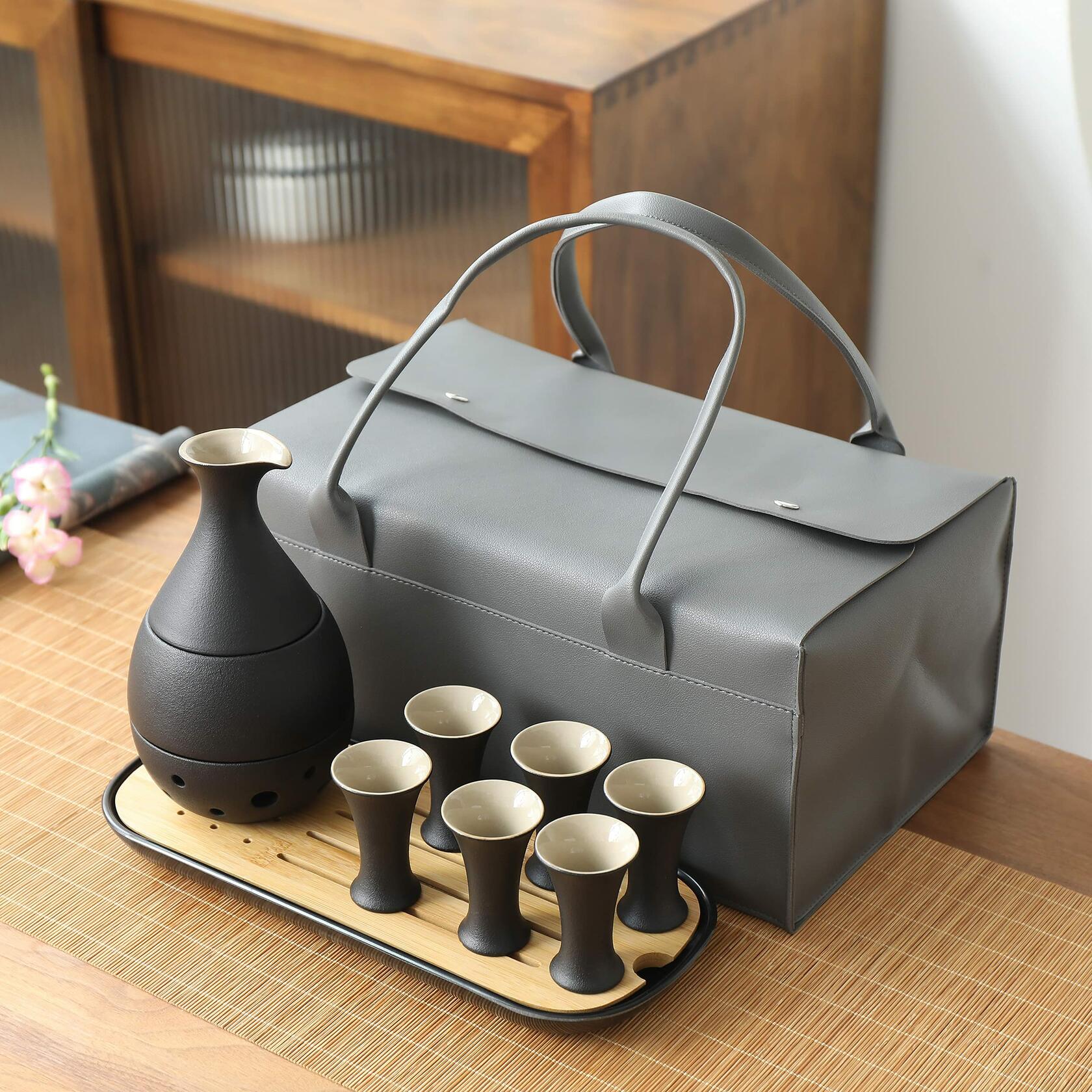 TEANAGOO 11 Pc Sake Set with Warmer Pot 6 Oz Bamboo Tray White