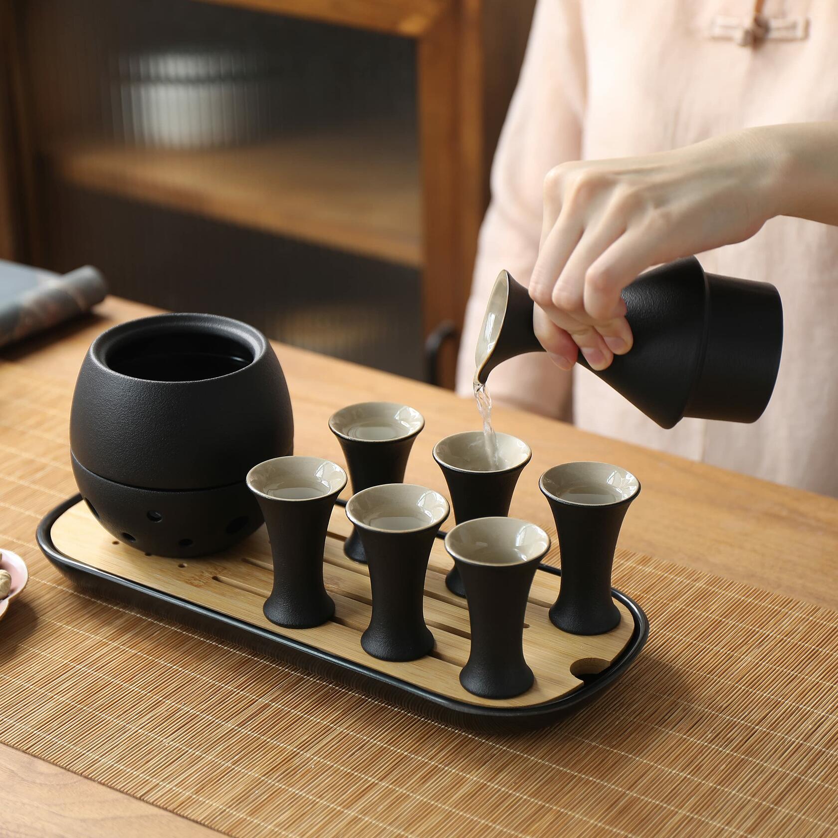 TEANAGOO 11 Pc Sake Set with Warmer Pot 6 Oz Bamboo Tray White