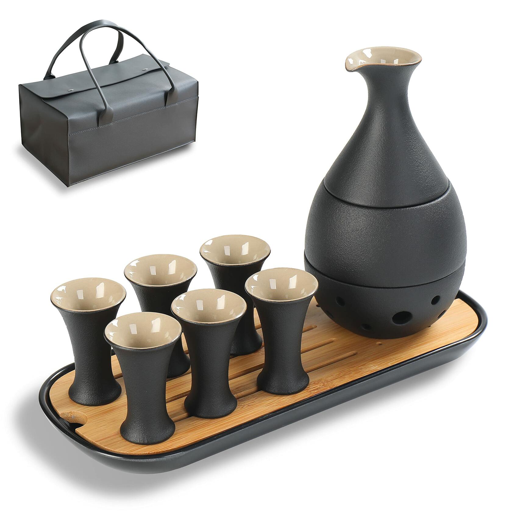 TEANAGOO 11 Pc Sake Set with Warmer Pot 6 Oz Bamboo Tray White