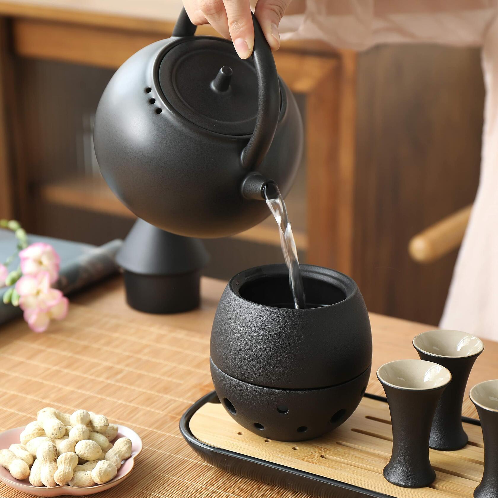 TEANAGOO 11 Pc Sake Set with Warmer Pot 6 Oz Bamboo Tray White