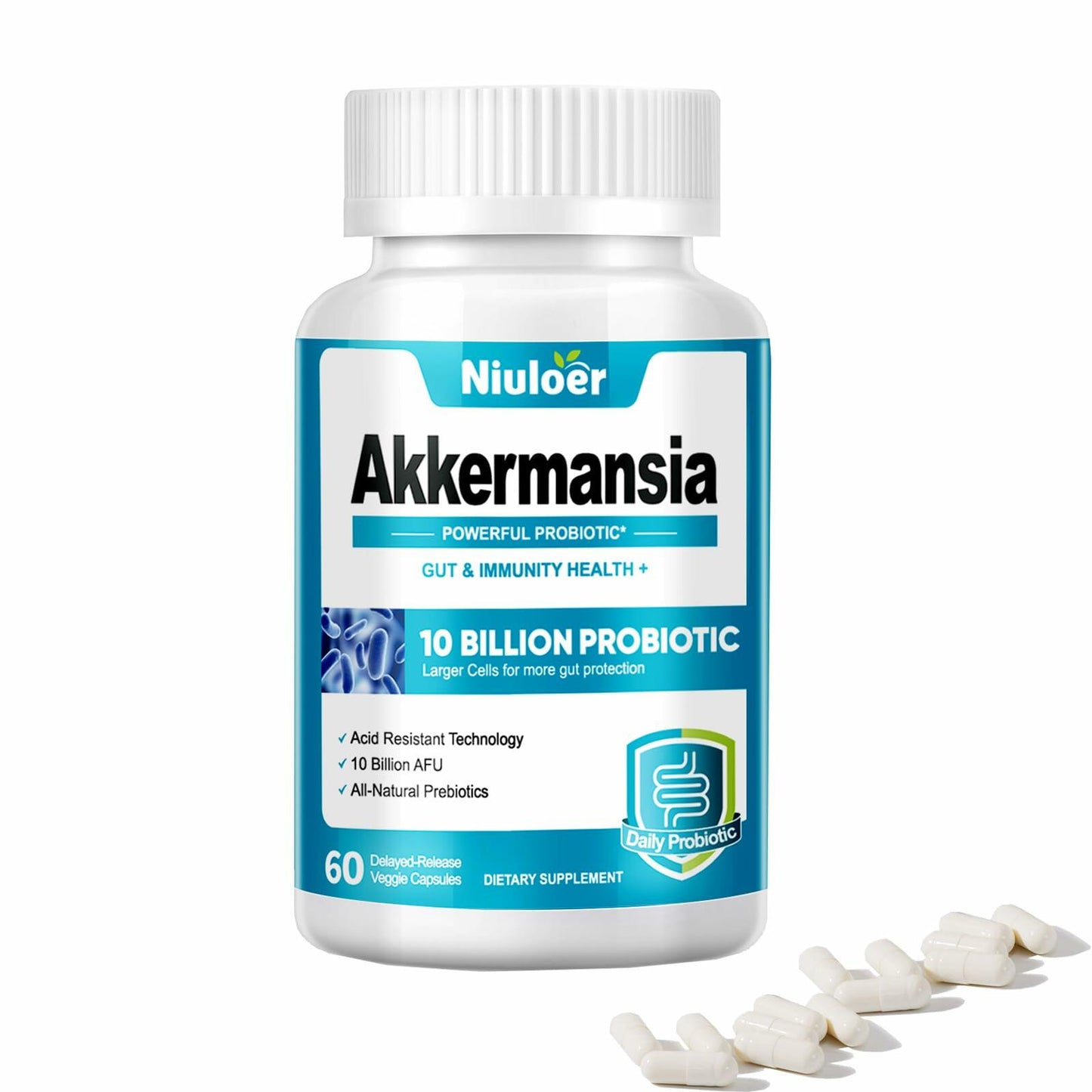 BestBy05/26 Niuloer Akkermansia Probiotic 10B AFUs + Organic Prebiotics 60 Caps