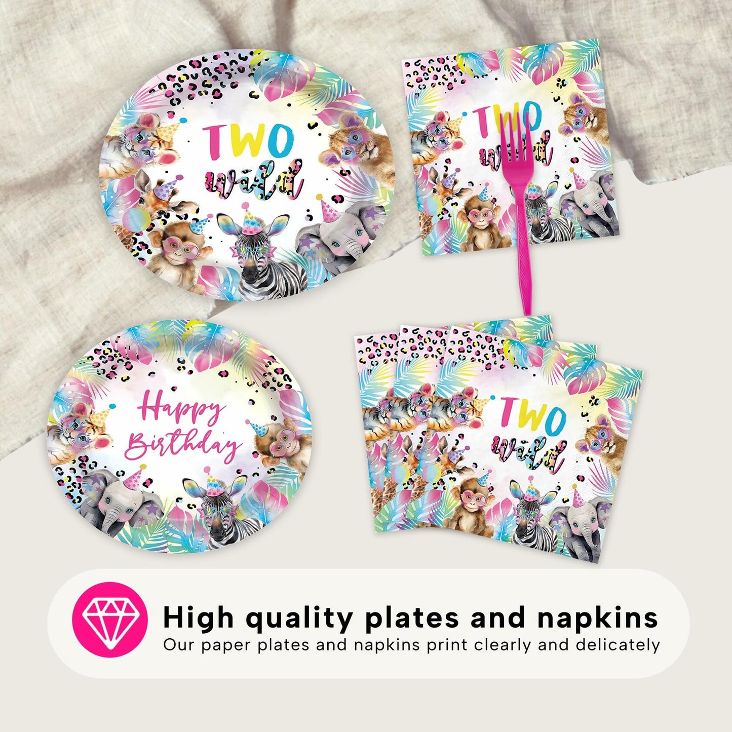 JINHUPANDER Two Wild Birthday Plates & Napkins Safari Animal 96pcs Set Serves 24