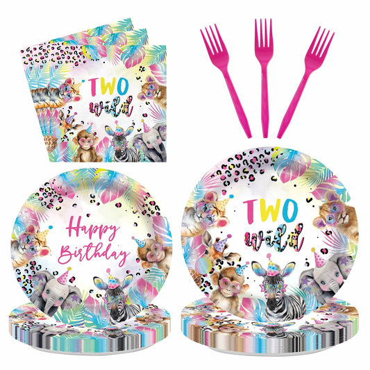 JINHUPANDER Two Wild Birthday Plates & Napkins Safari Animal 96pcs Set Serves 24