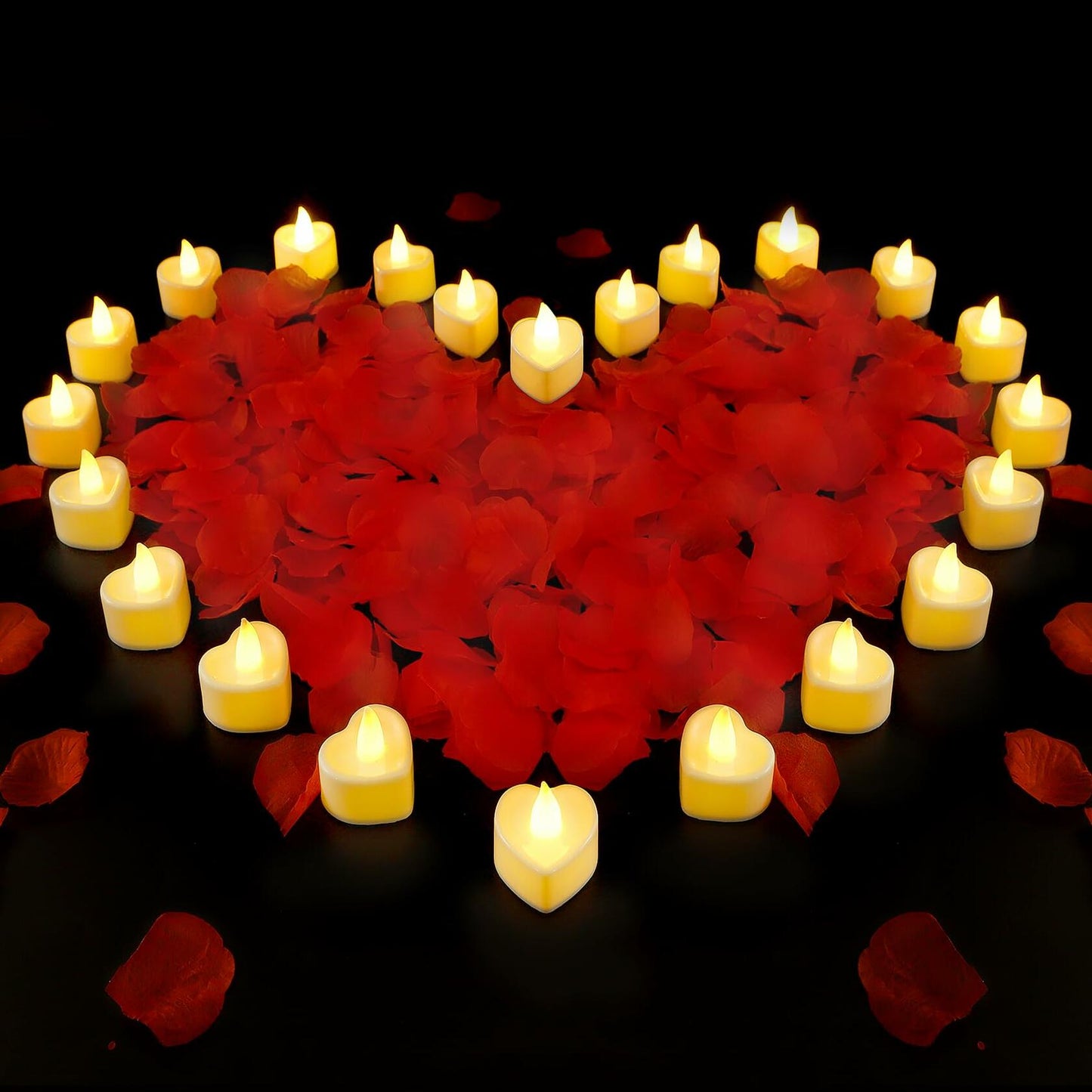 [Acceptable] Ardusnpe 2000 Pcs Red Artificial Rose Petals with 24 White Heart LED Candles